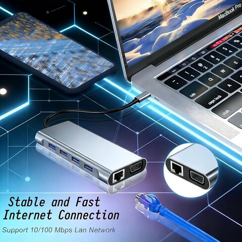 محول USB C Hub 11 في 1 مع 4K HDMI، VGA، شحن PD من النوع C، إيثرنت RJ45، USB 3.0، قارئ بطاقة SD/TF، ​​صوت 3.5 مم لأجهزة الكمبيوتر المحمولة من النوع C، مكتب السفر، 11 في 1 in Kuwait