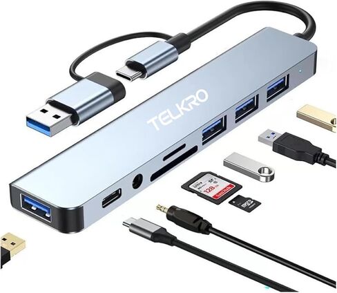 موزع USB ومحطة بيانات 8 في 1، مدخل مزدوج (USB-C وUSB 3.0)، مخرجات USB 3.0 عالية السرعة و3 منافذ USB 2.0، USB C، صوت 3.5 مم، بطاقة SD/TF، ​​دونجل ألومنيوم نحيف لأجهزة MacBook وiPad والكمبيوتر المحمول والكمبيوتر الشخصي in Kuwait