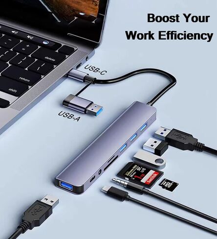 موزع USB ومحطة بيانات 8 في 1، مدخل مزدوج (USB-C وUSB 3.0)، مخرجات USB 3.0 عالية السرعة و3 منافذ USB 2.0، USB C، صوت 3.5 مم، بطاقة SD/TF، ​​دونجل ألومنيوم نحيف لأجهزة MacBook وiPad والكمبيوتر المحمول والكمبيوتر الشخصي in Kuwait
