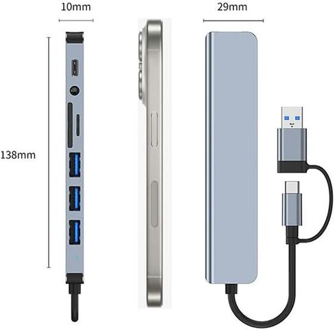 موزع USB ومحطة بيانات 8 في 1، مدخل مزدوج (USB-C وUSB 3.0)، مخرجات USB 3.0 عالية السرعة و3 منافذ USB 2.0، USB C، صوت 3.5 مم، بطاقة SD/TF، ​​دونجل ألومنيوم نحيف لأجهزة MacBook وiPad والكمبيوتر المحمول والكمبيوتر الشخصي in Kuwait