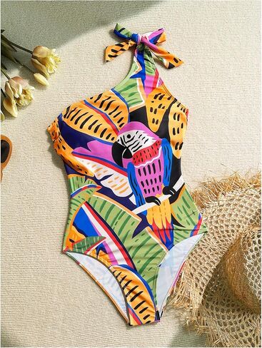 Milumia Women's Tropical Print One Shoulder One Piece Swimsuit Tummy Control Modest Bathing Suits in Saudi Arabia