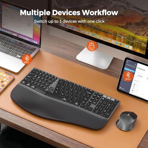MEETION Wireless Ergonomic Keyboard and Mouse, Split Curved Bluetooth & 2.4G Keyboard Mouse Set, Cushioned Palm Rest, Full-Size, 4-Level DPI Adjustable Mouse, Compatible for Windows/Mac/PC/Laptop in Kuwait