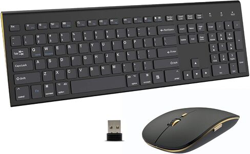 لوحة مفاتيح وماوس لاسلكيين، نظام USB مزدوج كامل الحجم من FENIFOX، تبديل مزدوج مريح - هادئ متوافق مع أجهزة الكمبيوتر المكتبية وأجهزة MacOS Windows - أبيض فضي (ذهبي أسود) in Kuwait