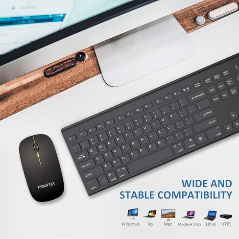 لوحة مفاتيح وماوس لاسلكيين، نظام USB مزدوج كامل الحجم من FENIFOX، تبديل مزدوج مريح - هادئ متوافق مع أجهزة الكمبيوتر المكتبية وأجهزة MacOS Windows - أبيض فضي (ذهبي أسود) in Kuwait