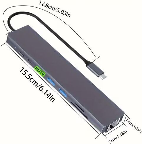 USB-C Hub, 8-in-1 Multiport Adapter with HDTV, USB 3.0, RJ45 Ethernet, SD Card Reader, and USB-C Charging Port in Kuwait