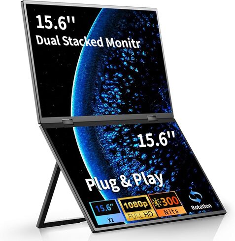 شاشة محمولة مزدوجة 15.6 بوصة 1080 بيكسل شاشة مزدوجة قابلة للطي، شاشة سفر USB-C HDMI لأجهزة الكمبيوتر المحمول ماك ويندوز، موسع الشاشة مع مسند، قابل للتركيب على VESA in Kuwait