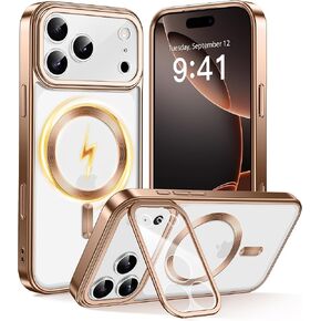 حافظة GolbinBox لهاتف iPhone 17 Pro Max مع حامل، متوافقة مع MagSafe، زر التحكم في الكاميرا، حماية ضد الصدمات من الدرجة العسكرية، غطاء هاتف بحافة مطلية لهاتف 17 Pro Max 6.9 بوصة، ذهبي وردي/شفاف in Kuwait