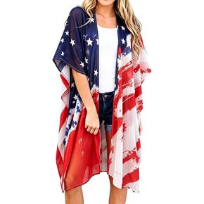 Women's American Flag Kimono Cardigan 4th of July Cover Up Lightweight Patriotic Kimono Cover Up in Kuwait