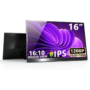 16" Portable Monitor 1200P 16:10 IPS Laptop Screen Extender, USB-C HDMI External Second Monitor with HDR, Built-in Stand & Speakers,VESA Compatible Portable Monitor for Laptop PC Mac Phone Xbox PS5 in Kuwait
