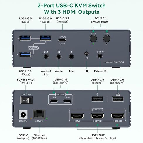 محطة إرساء محول Thunderbolt 4 KVM لـ 3 شاشات، 2 أجهزة كمبيوتر محمولة/أجهزة Macbook، شاشة HDMI ثلاثية ممتدة 4K60 هرتز مع Displaylink USB3.0/USB C، M1/M2/M3/M4 Mac/Windows/Chrome وما إلى ذلك مع الصوت والإيثرنت in Kuwait