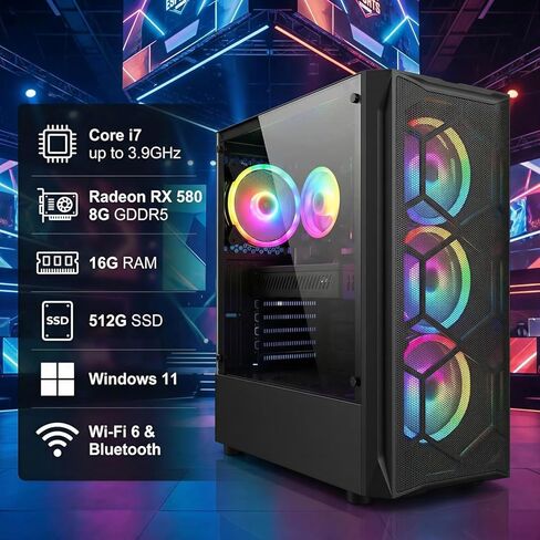 حزمة الكمبيوتر الشخصي للألعاب STGAubron مع شاشة LED FHD مقاس 24 بوصة - Intel Core i7 حتى 3.9 جيجا، وRadeon RX 580 8G، وذاكرة الوصول العشوائي 16 جيجا، و512 جيجا SSD، ومروحة RGB x 4، ونظام التشغيل Windows 11 Home in Kuwait