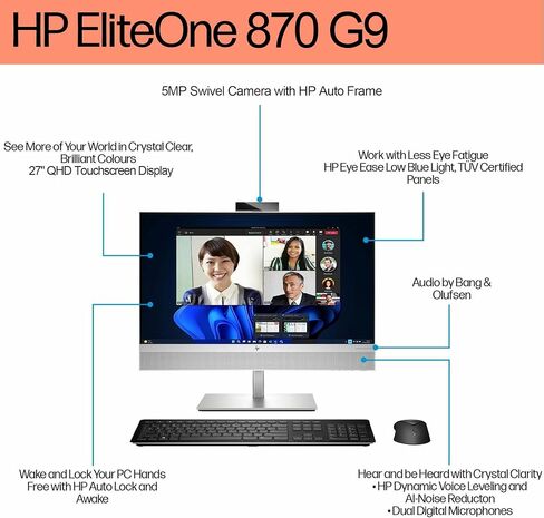 2026 HP EliteOne 870 G9 27 بوصة QHD كمبيوتر مكتبي الكل في واحد (Intel 20-Core i7-14700، 32GB DDR5، 1TB SSD) AIO Business Computer، Wi-Fi، BO Audio، كاميرا ويب 5MP، DisplayPort، Wolf Security، Win 11 Pro in Kuwait