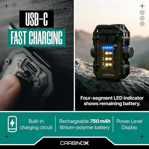 مصباح يدوي CARBINOX صغير، 300 لومن قابل لإعادة الشحن LED + مصباح COB، مفاتيح مستقلة مزدوجة، 7 أوضاع مع تحذير باللون الأحمر والأزرق، شحن سريع USB-C، استخدام بدون استخدام اليدين بمشبك الغطاء in Kuwait
