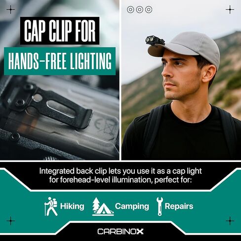 مصباح يدوي CARBINOX صغير، 300 لومن قابل لإعادة الشحن LED + مصباح COB، مفاتيح مستقلة مزدوجة، 7 أوضاع مع تحذير باللون الأحمر والأزرق، شحن سريع USB-C، استخدام بدون استخدام اليدين بمشبك الغطاء in Kuwait