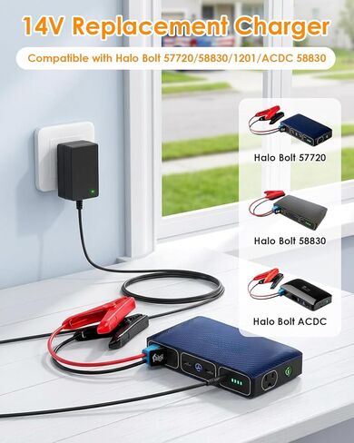 شاحن 14 فولت لسيارة Halo Bolt Car Jump Starter متوافق مع Halo Bolt 57720,58830,1201، ACDC 58830 Air Compact Portable Car Jump Starter Kit استبدال شاحن الطوارئ 126510 in Kuwait