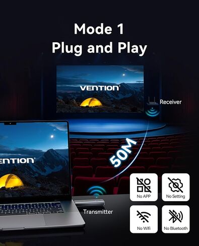 VENTION Wireless HDMI Transmitter and Receiver 165FT/50M, [Support VGA Input], 1080P@60Hz Plug & Play, 5G Wireless HDMI Extender for Streaming Video & Audio to Monitor from Laptop/Pc/Tv Box/Projector in Kuwait