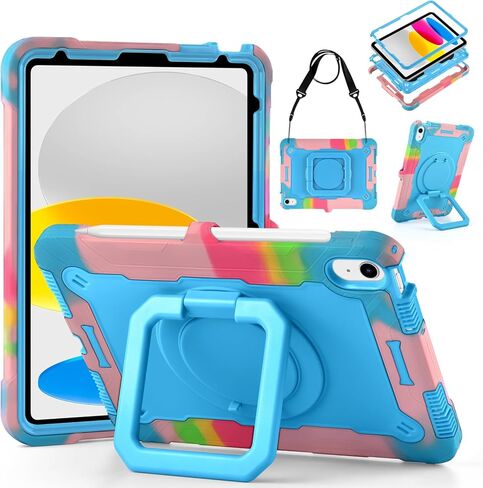 DETUOSI Case for iPad (A16) 11th Generation 11 Inch 2025, Shockproof Cover with 360°Rotatable Stand & Shoulder Strap, Heavy Duty Case for iPad 10th Gen 10.9 Inch, Camouflage Rose Red in Kuwait