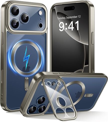 حافظة GolbinBox لهاتف iPhone 17 Pro Max مع حامل، متوافقة مع MagSafe، زر التحكم في الكاميرا، حماية ضد الصدمات من الدرجة العسكرية، غطاء هاتف بحافة مطلية لهاتف 17 Pro Max 6.9 بوصة، ذهبي وردي/شفاف in Kuwait
