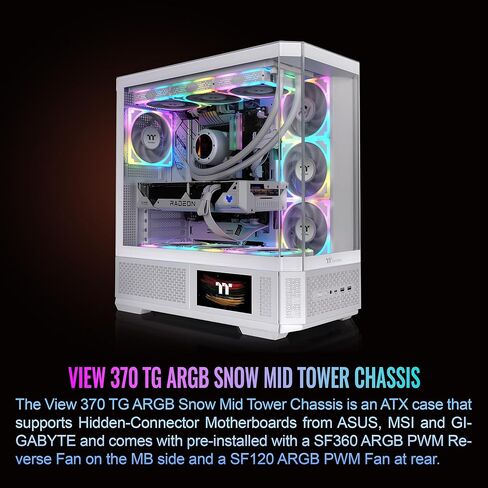 Thermaltake View 370 TG ARGB برج متوسط؛ مراوح 1 × 360 مم و1 × 120 ARGB PWM متضمنة؛ دعم راد 360 مم؛ خلوص وحدة معالجة الرسومات 420 مم؛ دعم الموصل المخفي (ATX/mATX)؛ دعم GPU العمودي؛ الثلج؛ CA-11N-00M6WN-00 in Kuwait