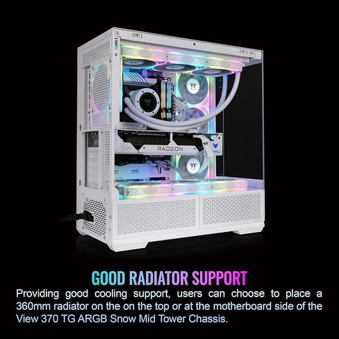 Thermaltake View 370 TG ARGB برج متوسط؛ مراوح 1 × 360 مم و1 × 120 ARGB PWM متضمنة؛ دعم راد 360 مم؛ خلوص وحدة معالجة الرسومات 420 مم؛ دعم الموصل المخفي (ATX/mATX)؛ دعم GPU العمودي؛ الثلج؛ CA-11N-00M6WN-00 in Kuwait