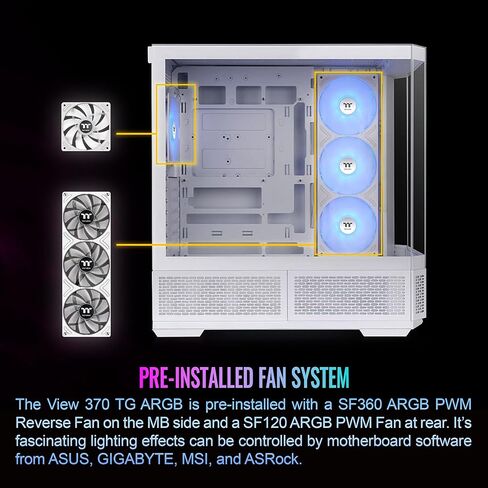 Thermaltake View 370 TG ARGB برج متوسط؛ مراوح 1 × 360 مم و1 × 120 ARGB PWM متضمنة؛ دعم راد 360 مم؛ خلوص وحدة معالجة الرسومات 420 مم؛ دعم الموصل المخفي (ATX/mATX)؛ دعم GPU العمودي؛ الثلج؛ CA-11N-00M6WN-00 in Kuwait