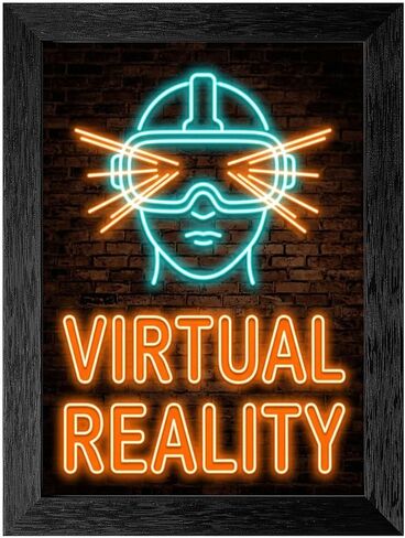Framed Virtual Reality Glow Effect Wall Art - Cyberpunk VR Headset in Premium Black Frame - Retro Gaming Room Decor - Ready to Hang Digital Sign Aesthetic - 8x10 Inch in Kuwait