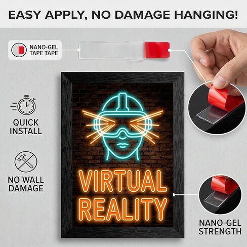 Framed Virtual Reality Glow Effect Wall Art - Cyberpunk VR Headset in Premium Black Frame - Retro Gaming Room Decor - Ready to Hang Digital Sign Aesthetic - 8x10 Inch in Kuwait