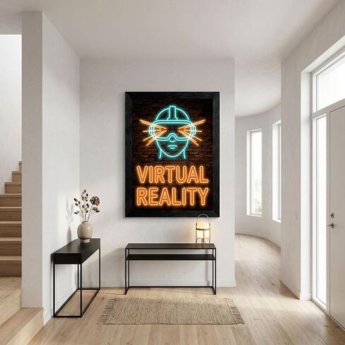 Framed Virtual Reality Glow Effect Wall Art - Cyberpunk VR Headset in Premium Black Frame - Retro Gaming Room Decor - Ready to Hang Digital Sign Aesthetic - 8x10 Inch in Kuwait