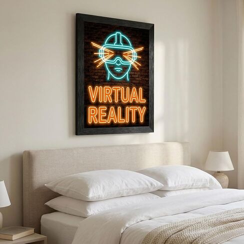 Framed Virtual Reality Glow Effect Wall Art - Cyberpunk VR Headset in Premium Black Frame - Retro Gaming Room Decor - Ready to Hang Digital Sign Aesthetic - 8x10 Inch in Kuwait