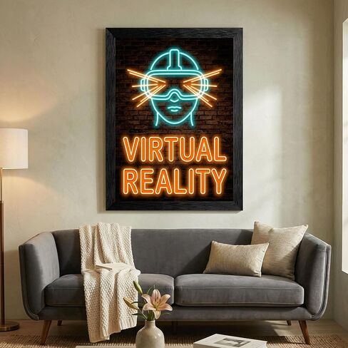 Framed Virtual Reality Glow Effect Wall Art - Cyberpunk VR Headset in Premium Black Frame - Retro Gaming Room Decor - Ready to Hang Digital Sign Aesthetic - 8x10 Inch in Kuwait