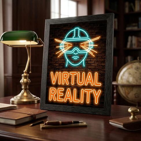 Framed Virtual Reality Glow Effect Wall Art - Cyberpunk VR Headset in Premium Black Frame - Retro Gaming Room Decor - Ready to Hang Digital Sign Aesthetic - 8x10 Inch in Kuwait
