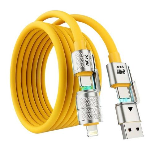 240W Mecha Style 4-in-1 Fast Charging Cable, 1M Yellow 2-in-2 Zinc Alloy Charging Cord for Type-C & iPhone 15 Series, Box Packed in Kuwait