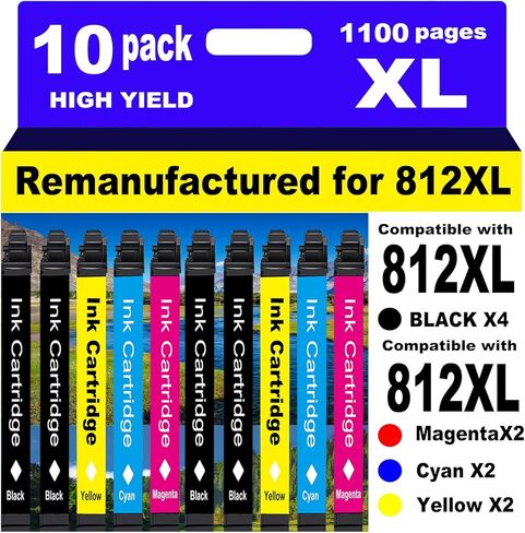 استبدال خراطيش الحبر المعاد تصنيعها لخراطيش الحبر Epson 812XL Combo Pack 812 XL لطابعة Workforce Pro WF-7840 WF-7820 WF-7310 EC-C7000 10 عبوات in Kuwait