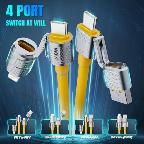 240W Mecha Style 4-in-1 Fast Charging Cable, 1M Yellow 2-in-2 Zinc Alloy Charging Cord for Type-C & iPhone 15 Series, Box Packed in Kuwait