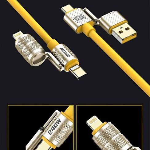 240W Mecha Style 4-in-1 Fast Charging Cable, 1M Yellow 2-in-2 Zinc Alloy Charging Cord for Type-C & iPhone 15 Series, Box Packed in Kuwait
