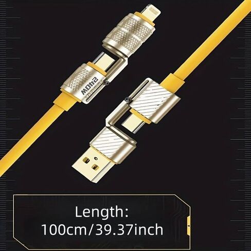 240W Mecha Style 4-in-1 Fast Charging Cable, 1M Yellow 2-in-2 Zinc Alloy Charging Cord for Type-C & iPhone 15 Series, Box Packed in Kuwait
