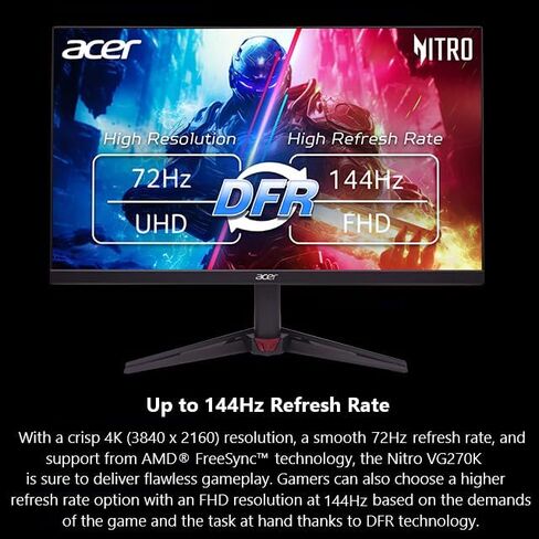 شاشة acer Nitro مقاس 27 بوصة 4K UHD 3840 x 2160 للألعاب IPS | AMD FreeSync | معدل تحديث يصل إلى 72 هرتز مع DFR إلى FHD 144 هرتز | ما يصل إلى 0.5 مللي ثانية | 1 × منفذ عرض 1.4 و2 × منافذ HDMI 2.0 | VG270K L1bmiipx in Kuwait