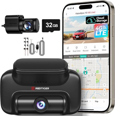 كاميرا REDTIGER 4G LTE Dash Cam الأمامية والخلفية، عرض مباشر عن بعد، خطة تجريبية لمدة 6 أشهر، كاميرا سيارة 2.5K+1080P مع تنبيهات التطبيقات الفورية، تخزين سحابي، شريحة AT&T مدمجة، بطاقة 32 جيجابايت، وضع انتظار السيارات ومجموعة الأسلاك الصلبة in Kuwait