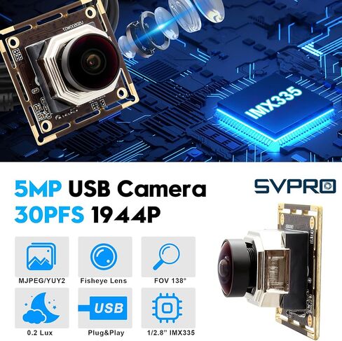 وحدة كاميرا USB Svpro 5MP 30FPS بتركيز تلقائي، عين السمكة بزاوية واسعة 138 درجة، مستشعر IMX335، كاميرا ويب أمان منخفضة الإضاءة لرؤية جهاز الكمبيوتر، توصيل وتشغيل UVC لنظام التشغيل Windows وMacOS وLinux وAndroid in Kuwait