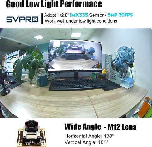 وحدة كاميرا USB Svpro 5MP 30FPS بتركيز تلقائي، عين السمكة بزاوية واسعة 138 درجة، مستشعر IMX335، كاميرا ويب أمان منخفضة الإضاءة لرؤية جهاز الكمبيوتر، توصيل وتشغيل UVC لنظام التشغيل Windows وMacOS وLinux وAndroid in Kuwait