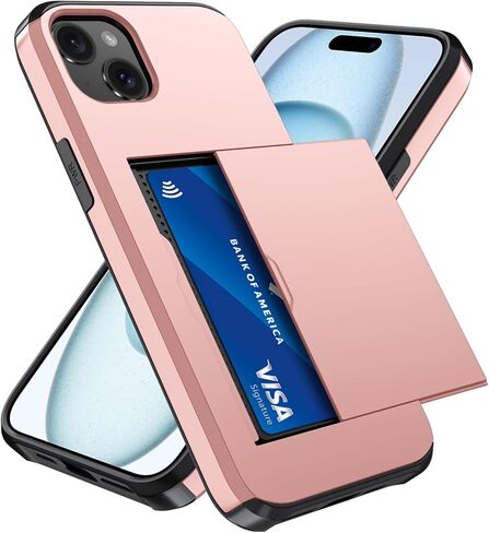 Qinmay متوافق مع حافظة iPhone 15 مع حامل بطاقة، طبقة مزدوجة مقاومة للصدمات، غطاء هاتف محفظة نحيف بفتحة مخفية وشديد التحمل، أسود in Kuwait