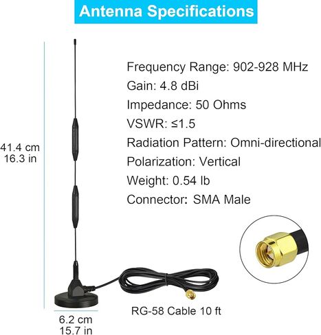 Meshtastic 915MHz LoRa Antenna for Outdoor Helium Hotspot Gateway with 3M Cable(SMA Male) 4.8dBi High Gain Magnetic Base Includes RG58 SMA Male Cable & IPEX Pigtail in Kuwait