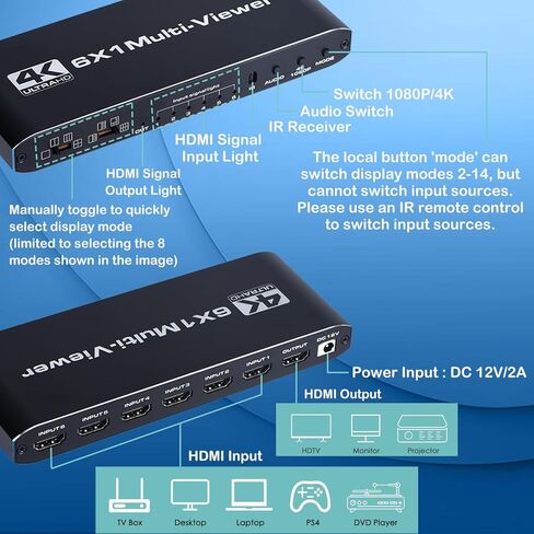 HDMI Multiviewer Switch 6x1، Multi-Viewer Switcher 6 in 1 Out 4K 1080P Full HD، يعرض شاشات 6 أجهزة إدخال HDMI على شاشة إخراج واحدة in Kuwait