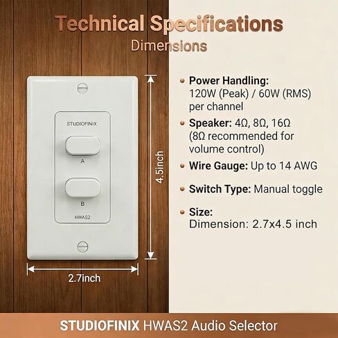 STUDIOFINIX in-Wall 2-Zone A/B Speaker Selector Switch, 120W Peak Power Per Channel Speaker Controller Box, Controls 2 Pairs of Speakers, Fits Standard Single-Gang Wall Box for Home Stereo in Kuwait