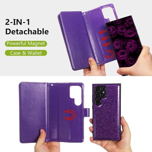 حافظة Varikke لهاتف Samsung Galaxy S24 Ultra قابلة للفصل مع حامل بطاقات RFID للنساء، غطاء هاتف قابل للإزالة بحزام من جلد البولي يوريثان اللامع، محفظة قلابة مغناطيسية قابلة للإزالة مقاس 6.8 بوصة، أرجواني داكن in Kuwait