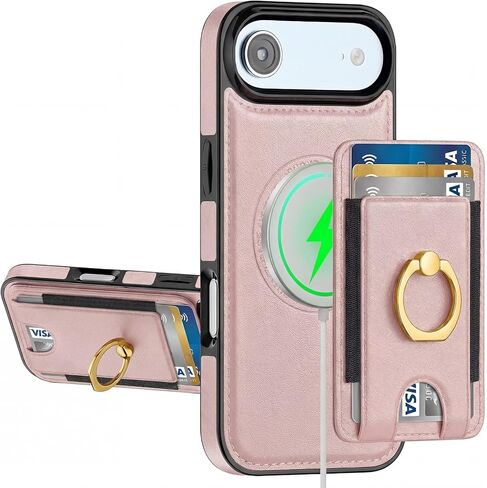 حافظة هاتف DREAMME لهاتف iPhone 17 Air Wallet مع قبضة، حامل بطاقات قابل للفصل، حجب RFID، مسند، مقاوم للصدمات، متوافق مع غطاء هاتف Magsafe 2 في 1 للنساء والرجال، ذهبي وردي in Kuwait