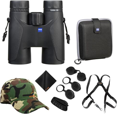 Zeiss 10x42 Terra ED Binoculars for Bird Watching (Black) with Waith Binocular Comfort Carrying Harness Strap, Waith Adjustable Camo Baseball Hat and Waith Microfiber Lens Cleaning Cloth (Bundle Set) in Kuwait