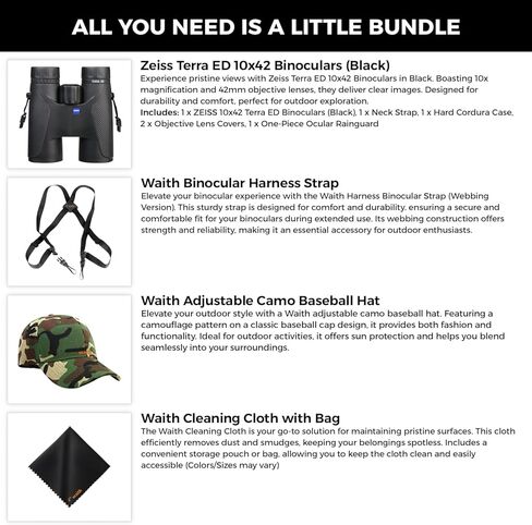 Zeiss 10x42 Terra ED Binoculars for Bird Watching (Black) with Waith Binocular Comfort Carrying Harness Strap, Waith Adjustable Camo Baseball Hat and Waith Microfiber Lens Cleaning Cloth (Bundle Set) in Kuwait