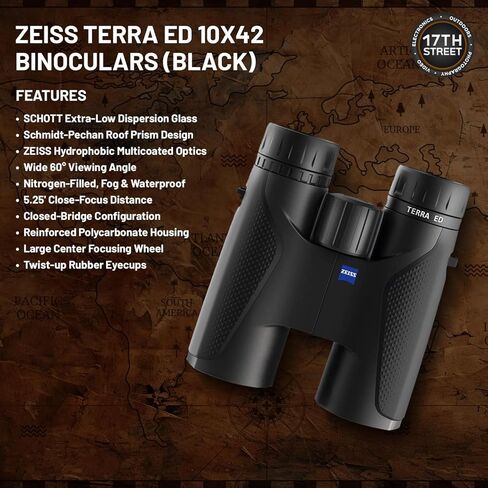 Zeiss 10x42 Terra ED Binoculars for Bird Watching (Black) with Waith Binocular Comfort Carrying Harness Strap, Waith Adjustable Camo Baseball Hat and Waith Microfiber Lens Cleaning Cloth (Bundle Set) in Kuwait