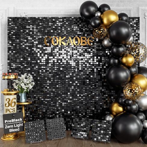 COKAOBE Black Shimmer Wall Backdrop 48PCS, Black Back Not See-Through Design, Square Sequin Glitter Backdrop Panel, Perfect for Outdoor Events, Birthdays, Wedding and Party Decoration in Saudi Arabia